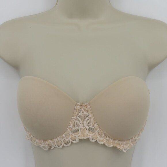 SO 36B Bra Solid Beige Strapless Bra Underwire Padded Lace Accent Bow Womens - Picture 13 of 13